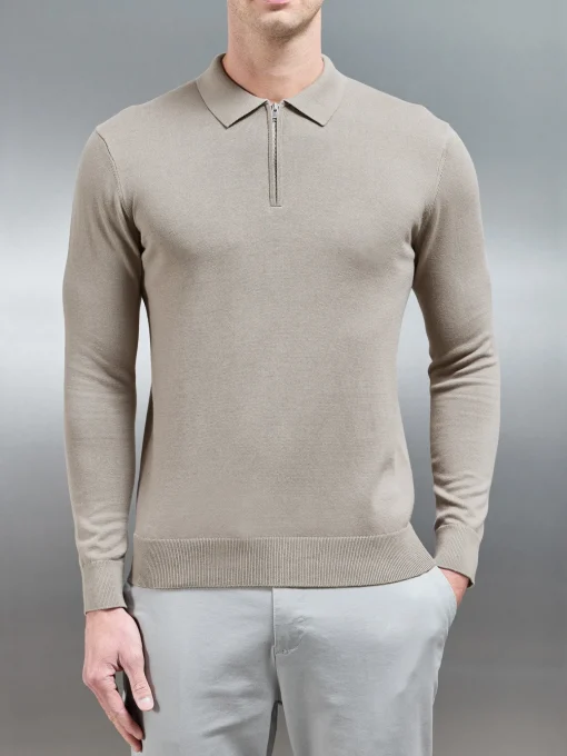 Cotton Knitted Long Sleeve Half Zip Polo Shirt - Taupe