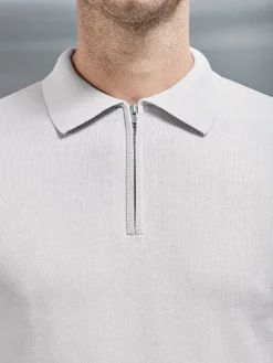 Cotton Knitted Long Sleeve Half Zip Polo Shirt - Mid Grey