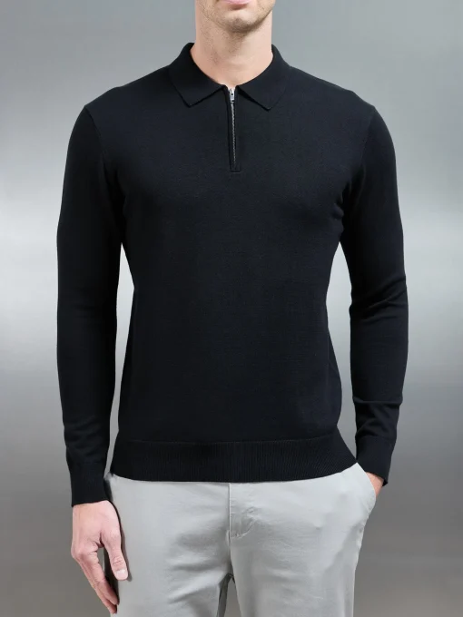 Cotton Knitted Long Sleeve Half Zip Polo Shirt - Black