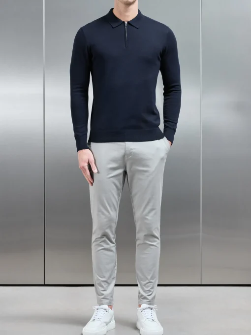 Cotton Knitted Long Sleeve Half Zip Polo Shirt - Navy