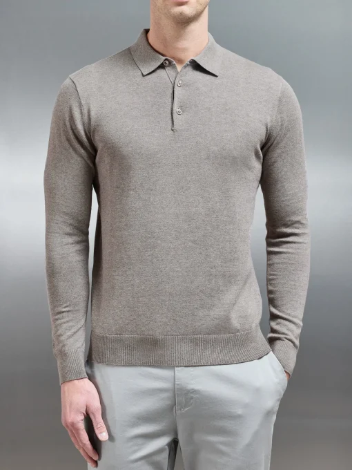 Cotton Knitted Long Sleeve Button Polo Shirt - Taupe Marl