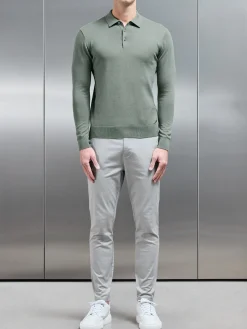 Cotton Knitted Long Sleeve Button Polo Shirt - Sage