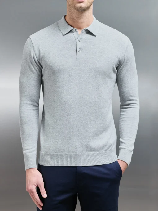 Cotton Knitted Long Sleeve Button Polo Shirt - Marl Grey