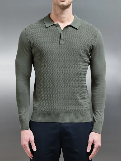 Cotton Knitted Long Sleeve Textured Polo Shirt - Sage