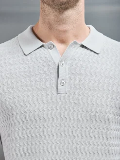 Cotton Knitted Long Sleeve Textured Polo Shirt - Mid Grey