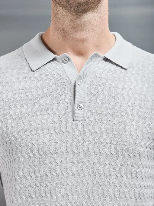 Cotton Knitted Long Sleeve Textured Polo Shirt - Mid Grey
