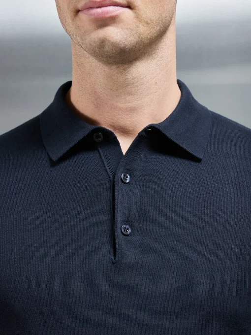 Cotton Knitted Long Sleeve Button Polo Shirt - Navy