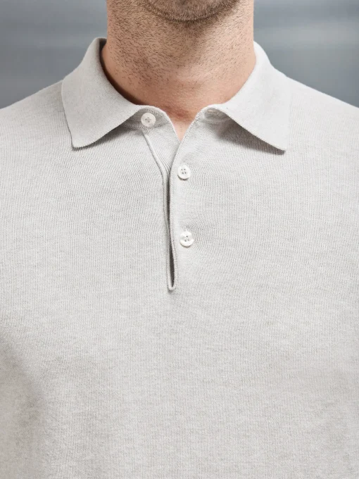 Cotton Knitted Long Sleeve Button Polo Shirt - Oatmeal
