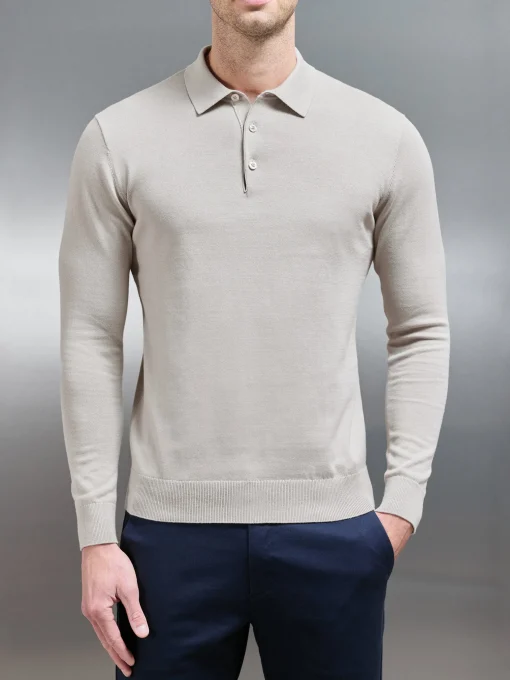 Cotton Knitted Long Sleeve Button Polo Shirt - Stone