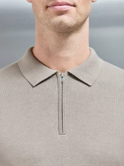 Cotton Knitted Long Sleeve Half Zip Polo Shirt - Taupe