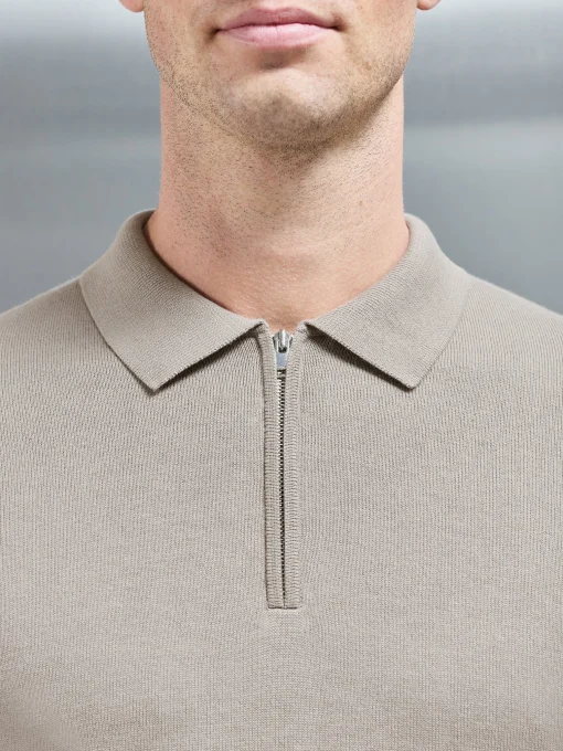 Cotton Knitted Long Sleeve Half Zip Polo Shirt - Taupe