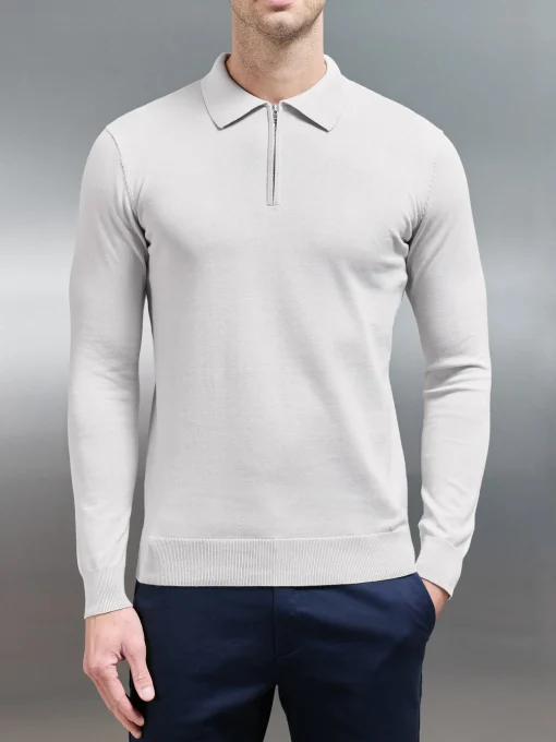 Cotton Knitted Long Sleeve Half Zip Polo Shirt - Mid Grey