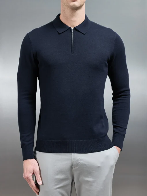Cotton Knitted Long Sleeve Half Zip Polo Shirt - Navy