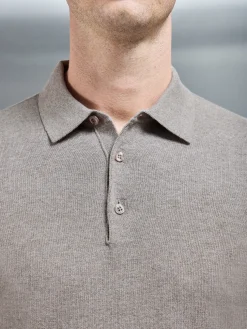 Cotton Knitted Long Sleeve Button Polo Shirt - Taupe Marl