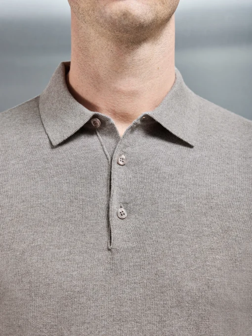 Cotton Knitted Long Sleeve Button Polo Shirt - Taupe Marl