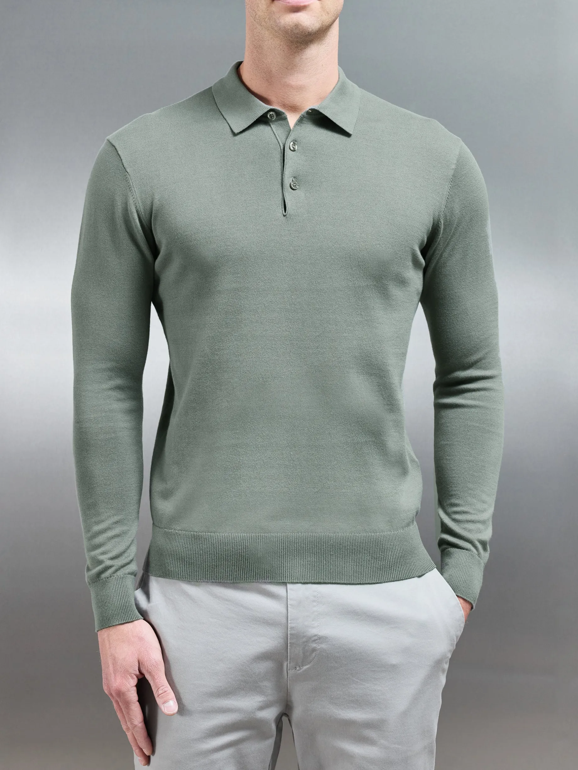 Cotton Knitted Long Sleeve Button Polo Shirt - Sage