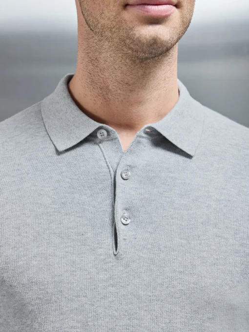 Cotton Knitted Long Sleeve Button Polo Shirt - Marl Grey