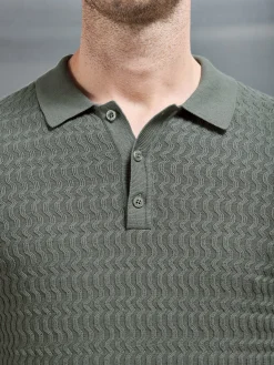 Cotton Knitted Long Sleeve Textured Polo Shirt - Sage