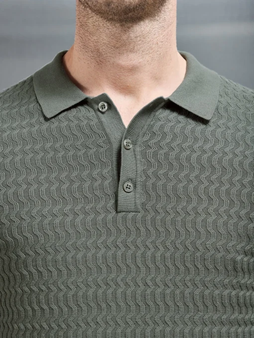 Cotton Knitted Long Sleeve Textured Polo Shirt - Sage