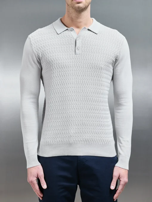 Cotton Knitted Long Sleeve Textured Polo Shirt - Mid Grey