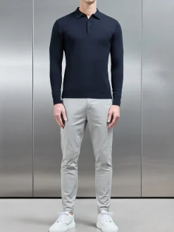 Cotton Knitted Long Sleeve Button Polo Shirt - Navy