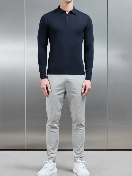Cotton Knitted Long Sleeve Button Polo Shirt - Navy