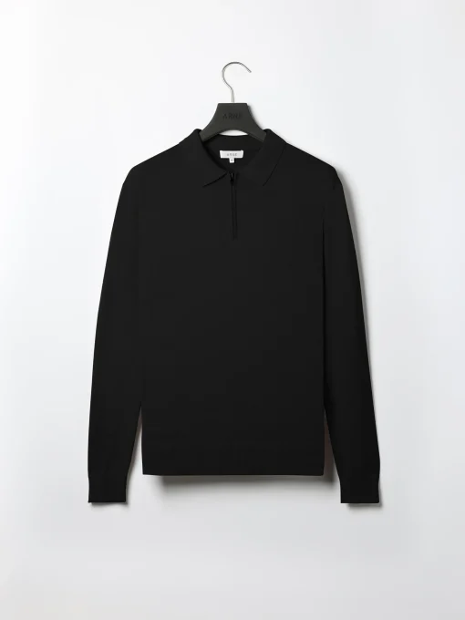 Cotton Knitted Long Sleeve Half Zip Polo Shirt - Black