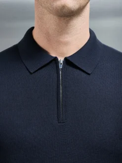 Cotton Knitted Long Sleeve Half Zip Polo Shirt - Navy