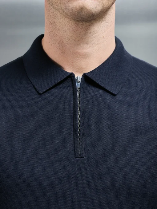 Cotton Knitted Long Sleeve Half Zip Polo Shirt - Navy