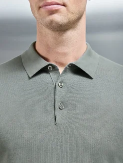 Cotton Knitted Long Sleeve Button Polo Shirt - Sage