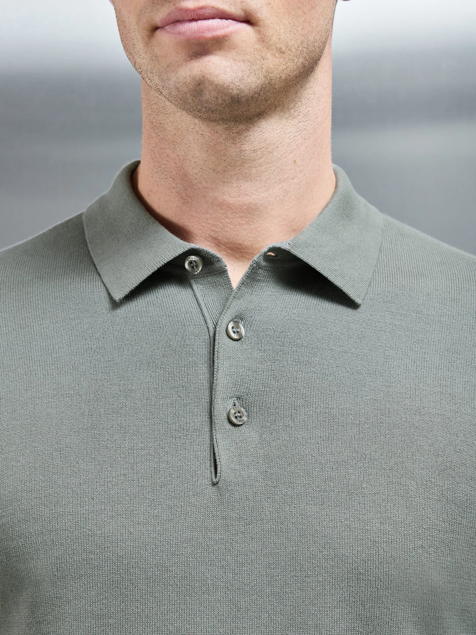 Cotton Knitted Long Sleeve Button Polo Shirt - Sage
