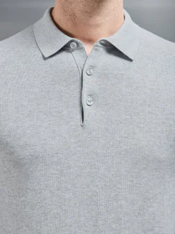 Cotton Knitted Long Sleeve Button Polo Shirt - Marl Grey