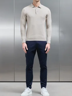 Cotton Knitted Long Sleeve Button Polo Shirt - Stone
