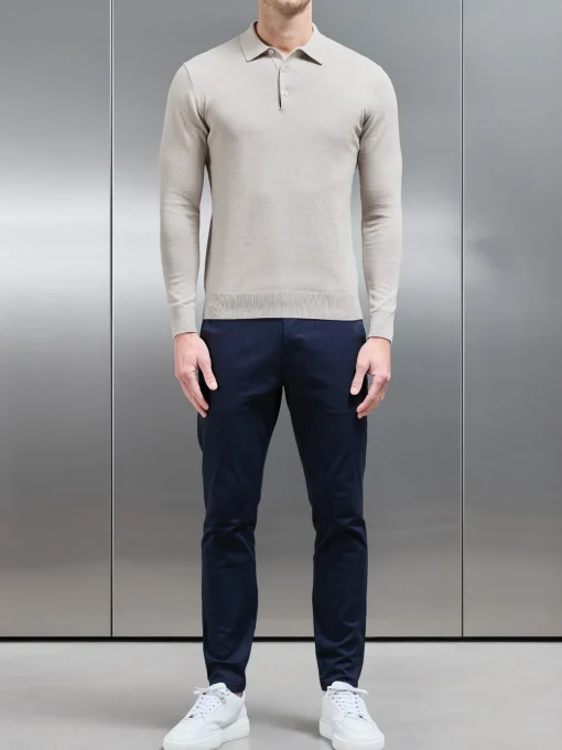 Cotton Knitted Long Sleeve Button Polo Shirt - Stone