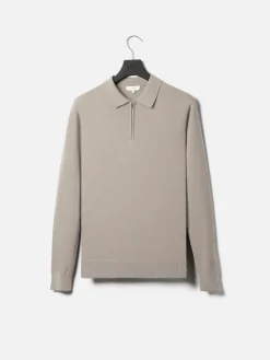 Cotton Knitted Long Sleeve Half Zip Polo Shirt - Taupe