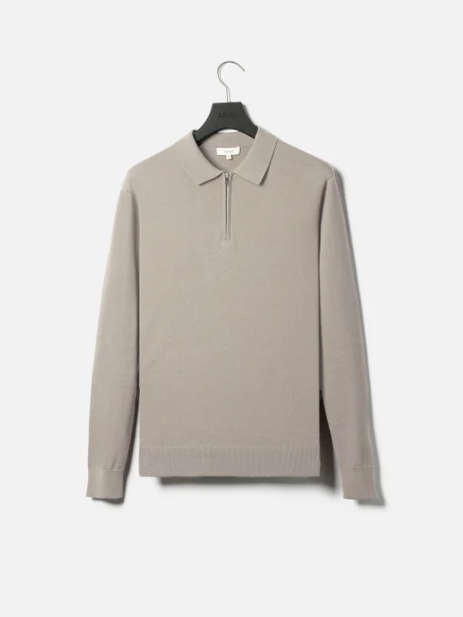 Cotton Knitted Long Sleeve Half Zip Polo Shirt - Taupe