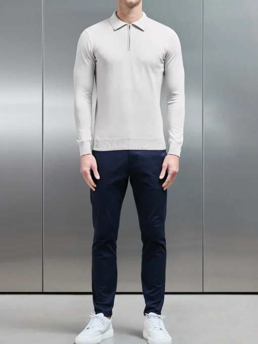 Cotton Knitted Long Sleeve Half Zip Polo Shirt - Mid Grey