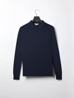 Cotton Knitted Long Sleeve Button Polo Shirt - Navy