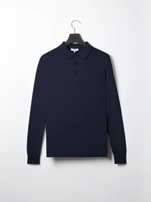 Cotton Knitted Long Sleeve Button Polo Shirt - Navy