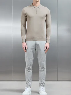 Cotton Knitted Long Sleeve Half Zip Polo Shirt - Taupe