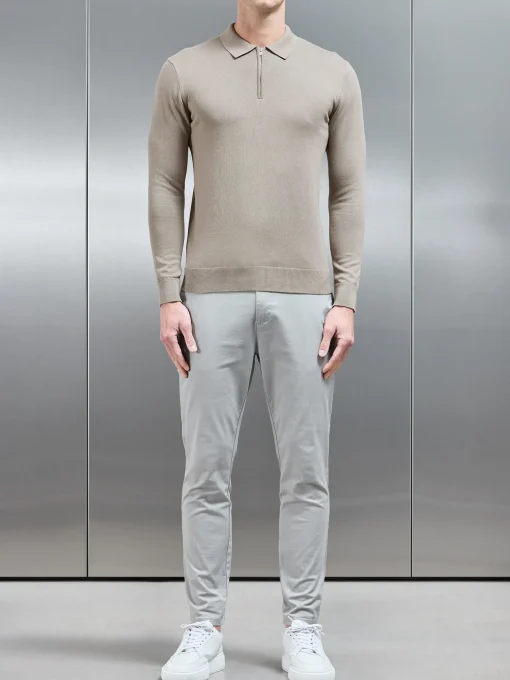 Cotton Knitted Long Sleeve Half Zip Polo Shirt - Taupe