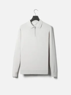 Cotton Knitted Long Sleeve Half Zip Polo Shirt - Mid Grey
