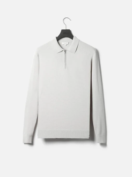 Cotton Knitted Long Sleeve Half Zip Polo Shirt - Mid Grey