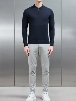 Cotton Knitted Long Sleeve Half Zip Polo Shirt - Navy