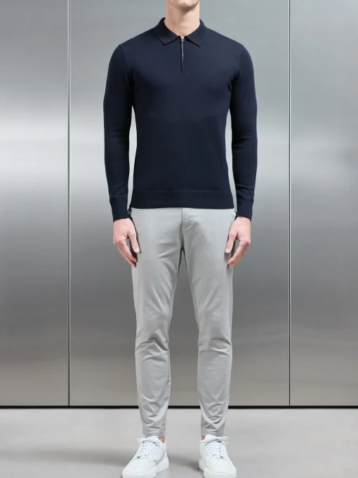 Cotton Knitted Long Sleeve Half Zip Polo Shirt - Navy