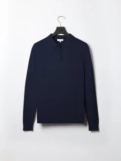 Cotton Knitted Long Sleeve Half Zip Polo Shirt - Navy