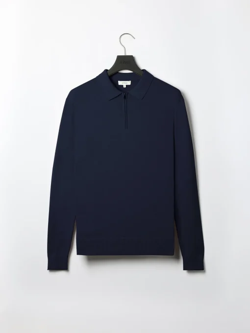 Cotton Knitted Long Sleeve Half Zip Polo Shirt - Navy