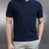 Cotton Knitted Textured Button Polo Shirt - Navy
