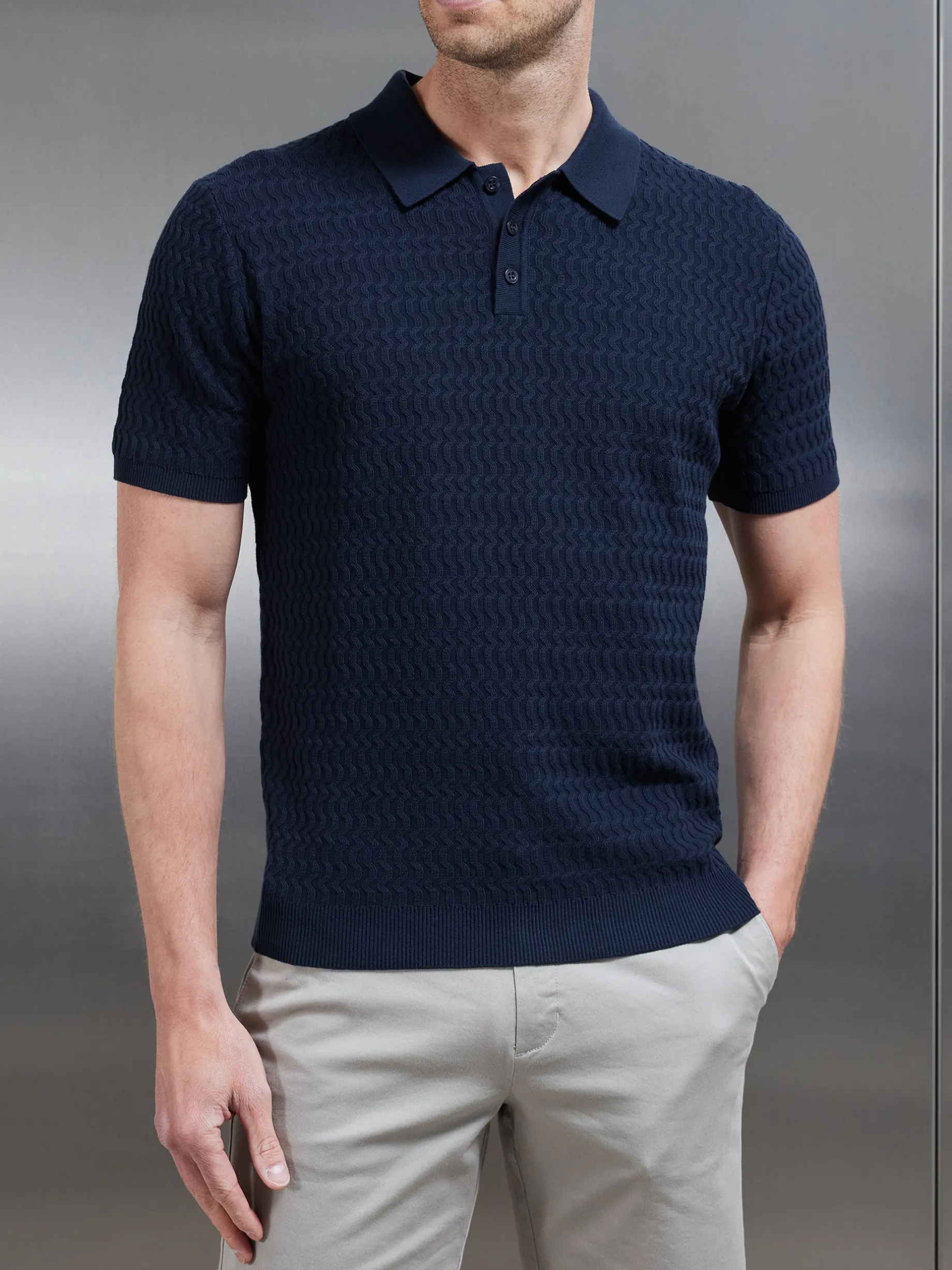 Cotton Knitted Textured Button Polo Shirt - Navy