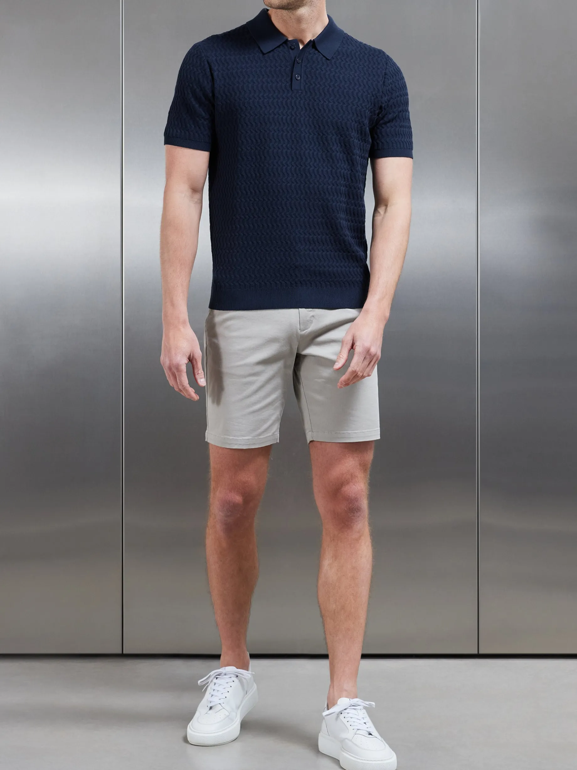 Cotton Knitted Textured Button Polo Shirt - Navy